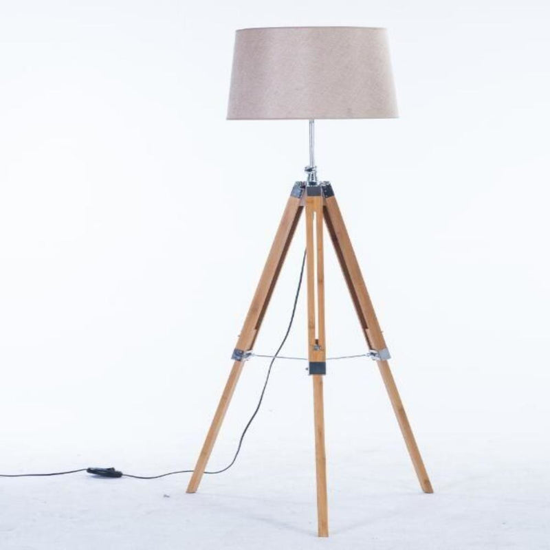 Natural Bamboo Tripod Floor Lamp Extendable in Height with Beige Linen Shade - Crystal Palace Lighting