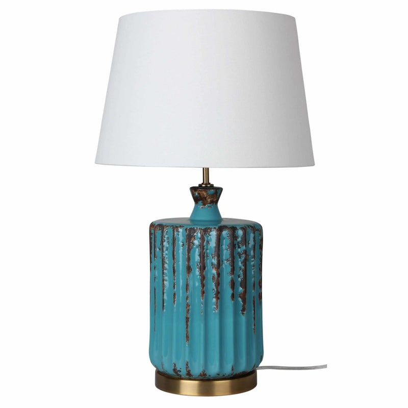 Azure Ceramic Table Lamp in Aqua and Antique Brass with White Shade - Crystal Palace Lighting