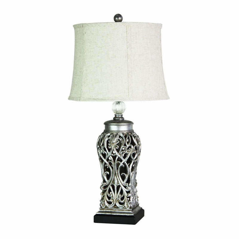 Dorne Filigree Table Lamp in Antique Silver with White Shade - Crystal Palace Lighting